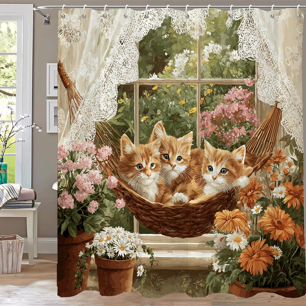 

1Pc Cartoon Cute Lucky Grass Cat Shower Curtain, Bathroom Decorative Shower Curtain, Printed Polyester Home Curtain With Hooks W60H190(CM)-1 Pcs