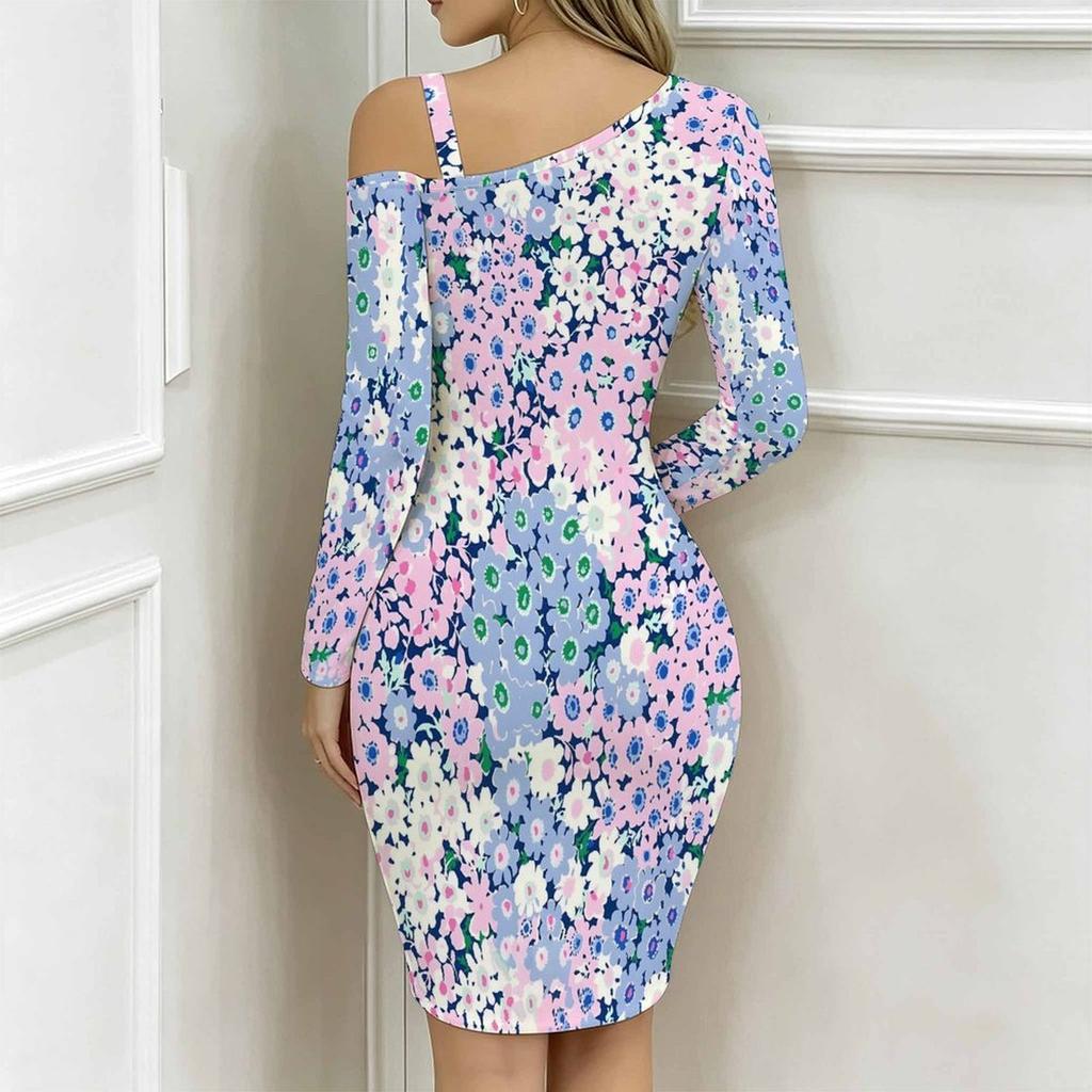 Women Plus Size Asymmetric Cold Shoulder White Purple Large Floral Print Wrap Bodycon Midi Dress