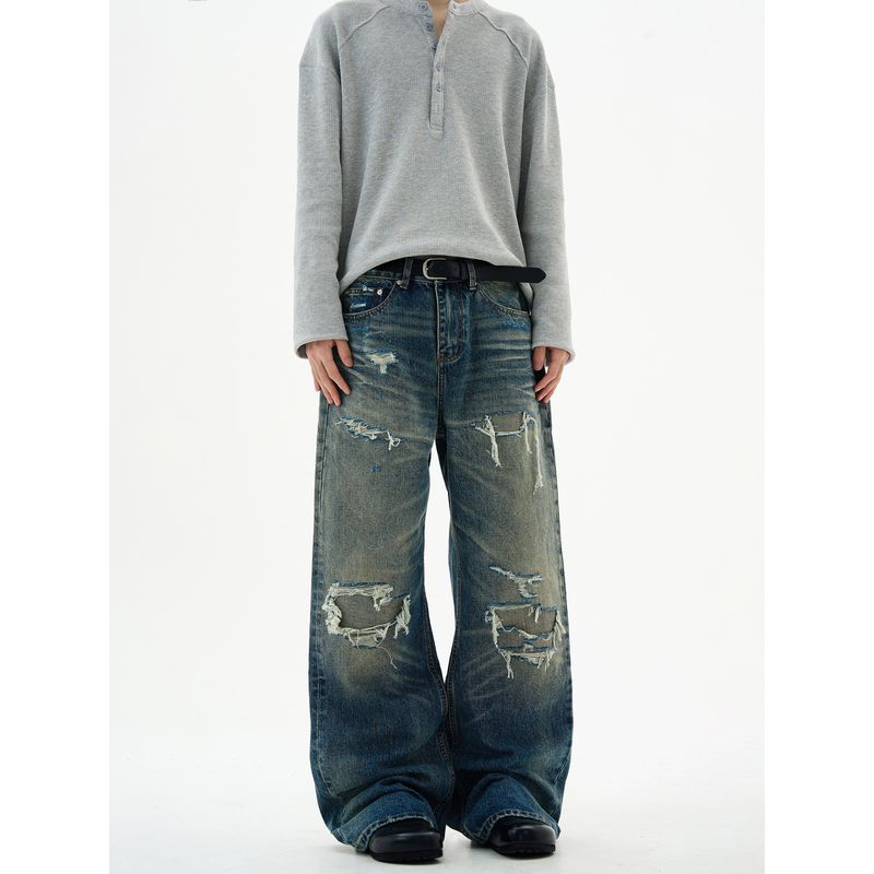 Kisko American High Street Distressed Patch Washed Whiskered Jeans Unisex Trendy Loose Straight Vibe Pants