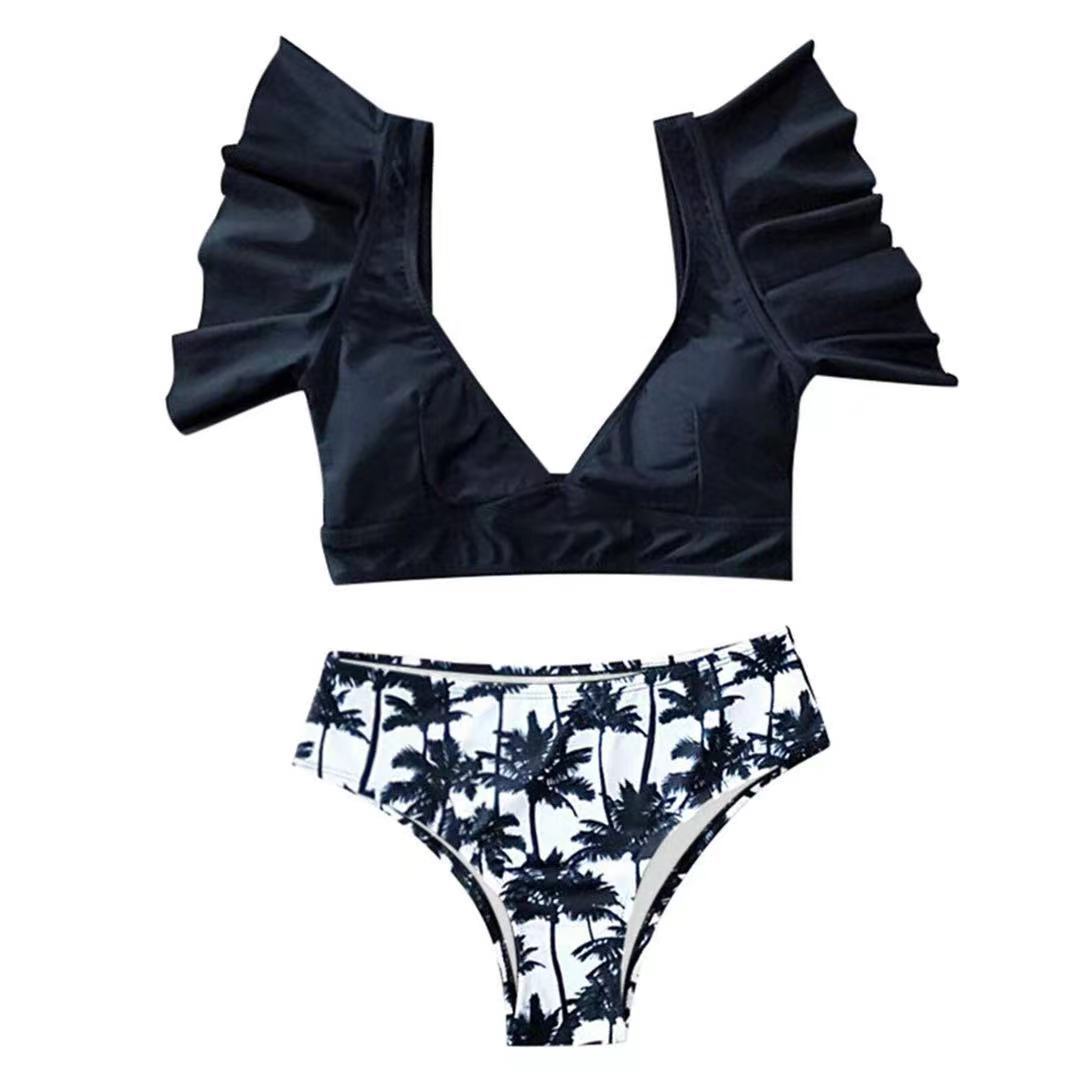 

Комплект бикини с высокой талией и рюшами, сексуальный купальник-бикини с воланами, женский купальник из двух частей, пляжная одежда с цветочным принтом S чёрный