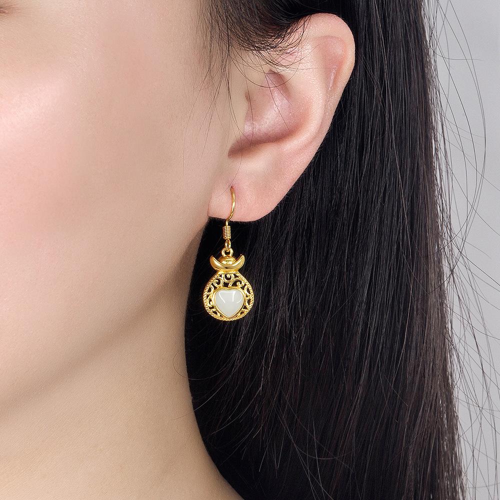 Retro Gold Inlaid Imitation Hetian Jade Heart-Shaped Eardrops Ear Hook Elegant National Style Alluvial Gold Earrings Jewelry