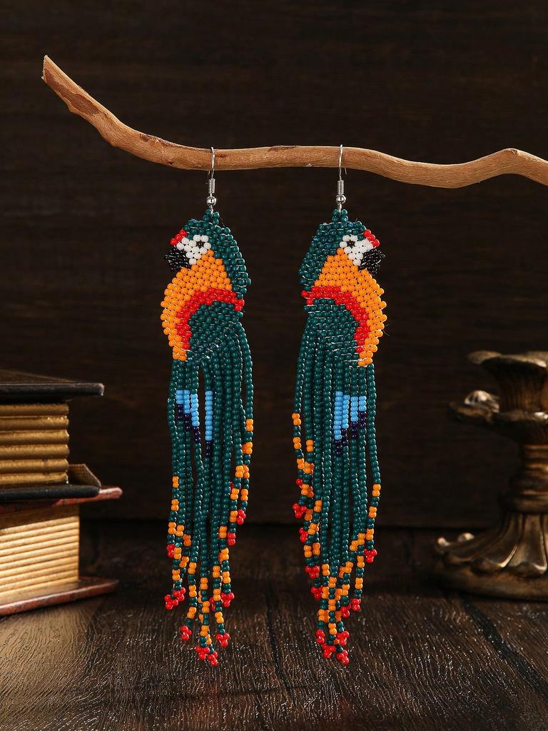 A pair of handmade beaded long earrings for women, in various colors, with tassels and woven patterns, suitable for everyday wear and vacations.