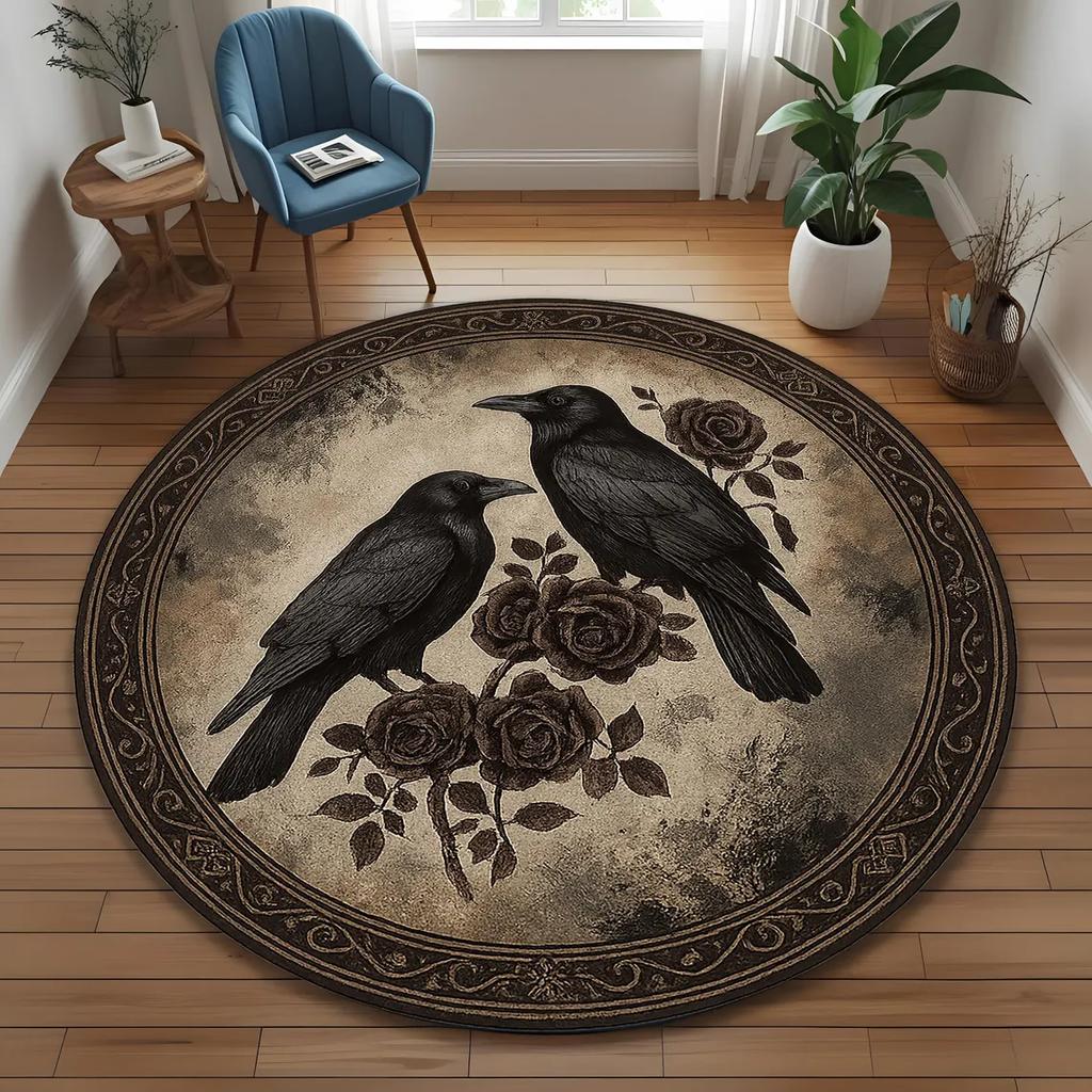 Vintage Crows and Roses Round Rug Gothic Non Slip Floor Mat for Dark Academia and Bohemian Style Rooms