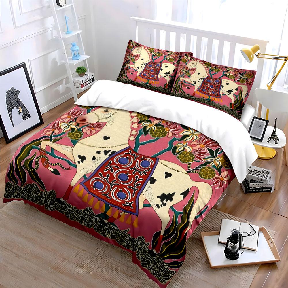 Decorative Horse With Floral Background Bedding Set For Kids Luxury Gift 3Pcs Digital Print Comforter Set Soft Comfortable