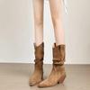 Western Cowboy Boots Thick Heel Retro Short Boots Women's 2025 New Thin High Heel Pointed Thick Heel Pleated Pile Boots Tide