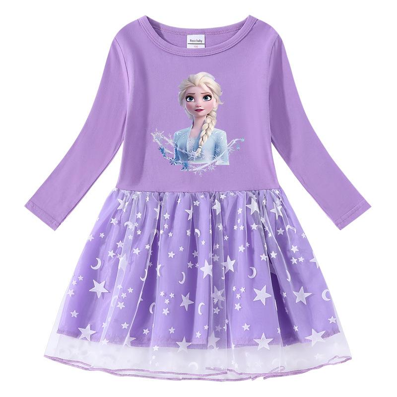 Spring and Autumn New Girls' Dress Cotton Printing Cartoon Star Moon Mesh Long Sleeve Princess Dress