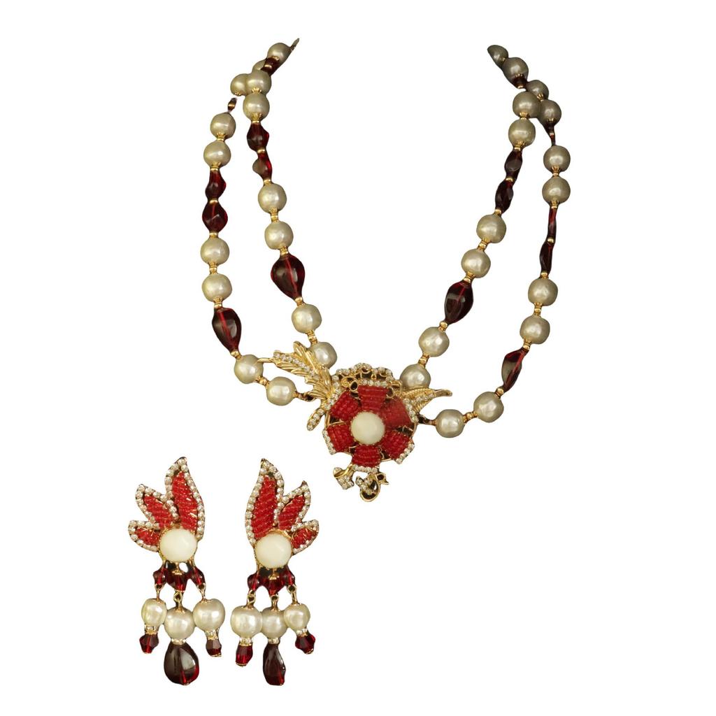 Baroque Pearl Stud Earrings & Red Hand-Woven Necklace Set