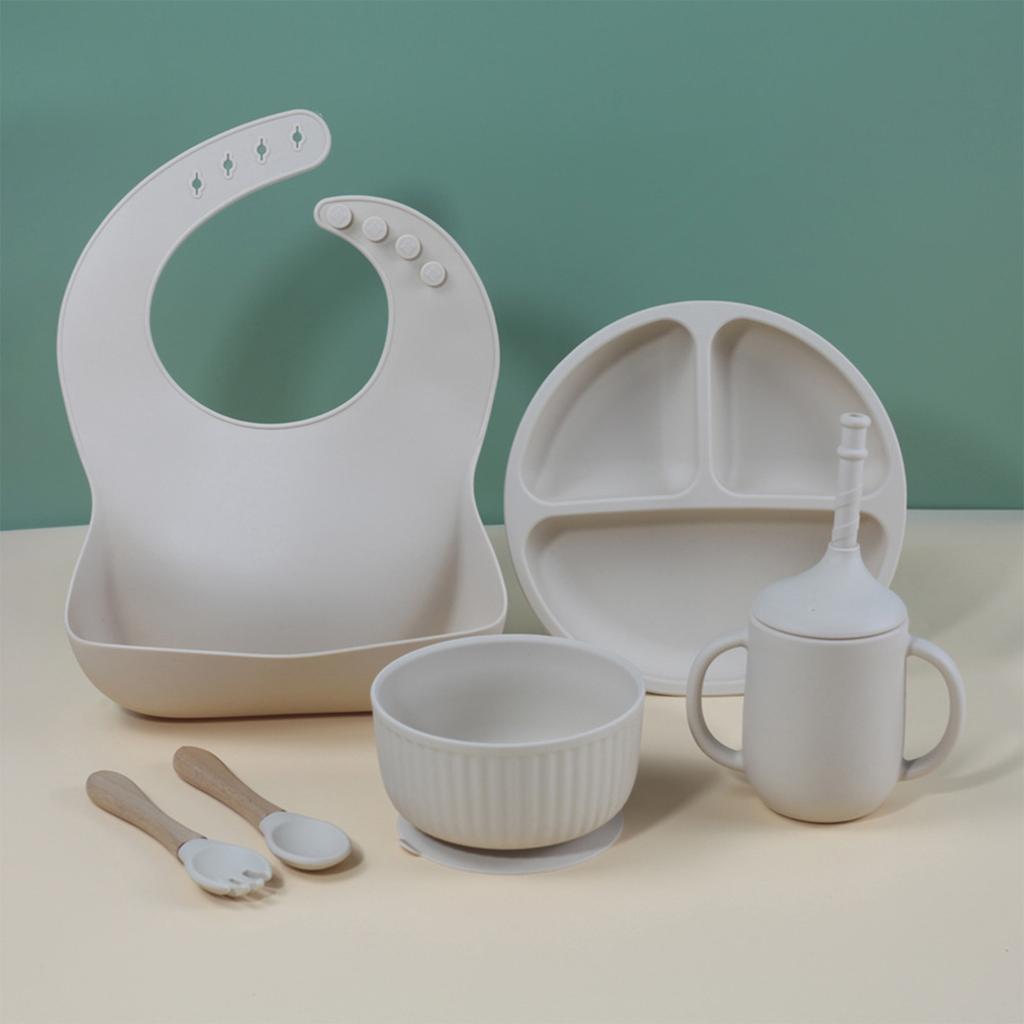 Silicone Tableware Set, Suction Cups, Bowls, Spoons, Baby Silicone Complementary Food Dishes, Mouthwash Pockets, Feeding Tableware