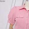 ZANZEA Vestido Casual de Verão Feminino com Gola Reversível, Cor Sólida e Manga Curta