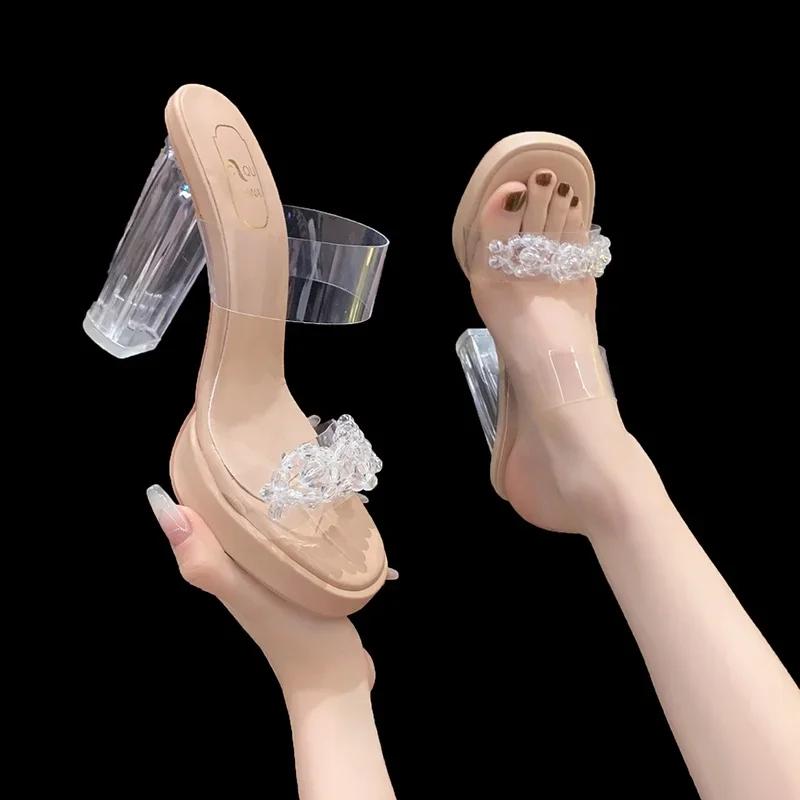 Women's Summer round Toe Square Heel Breathable High Heel Slippers Elegant Sexy PVC Crystal Fashion Shoes