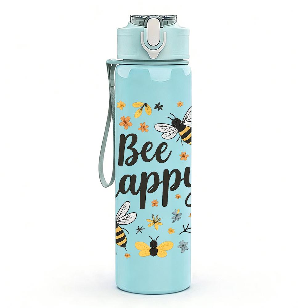 1PC Bee Happy Floral Letter 750ml Color Plastic Sports Water Bottle Leakproof Flip Straw Lid For Sports Office Home Use
