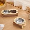 Raised Pet Bowl Inclined Steel Food Bowls Dog Water Feeding Food Container Cat Dish Wooden Stand Pet Supplies Single/Double