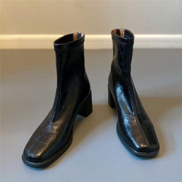 French Soft Leather Chunky Heel Women's Ankle Boots - Retro Square Toe, High Heel, Elastic Slimming, Plus Velvet, Autumn/Winter 2025 Collection.