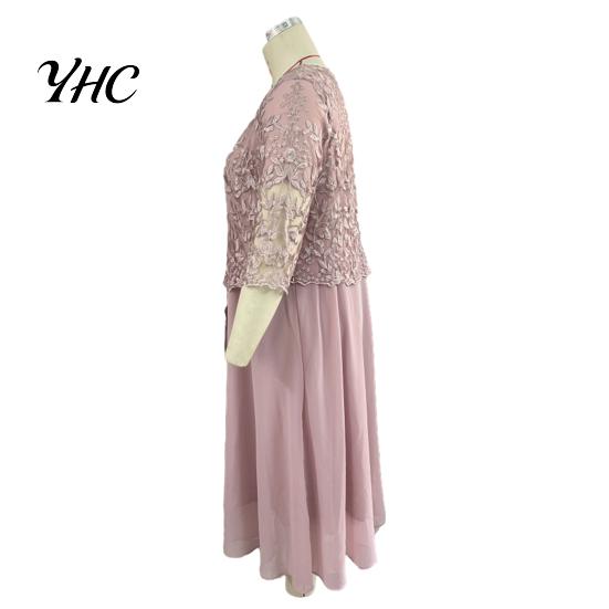 Women Maxi Dress Flower Embroidery See-through Lace Three Quarter Sleeve O Neck Fake Two-piece Loose Solid Color Plus Size Elegant Comfortable