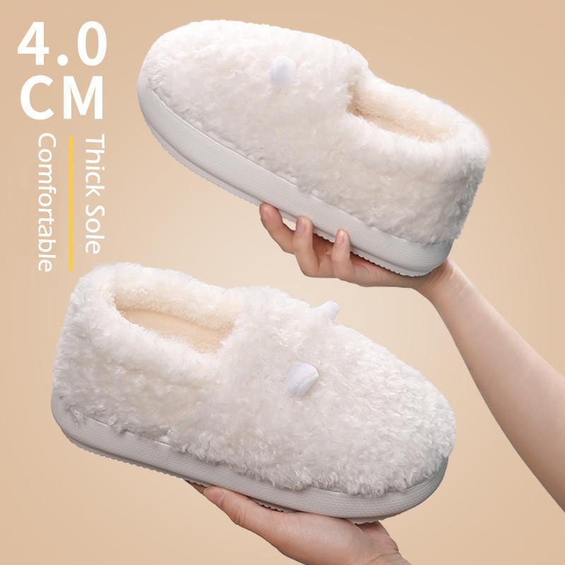 New Winter Slippers for Women Men Indoor Furry Warm Home Shoes Soft EVA Thick Sole Plush Women Couples Cute Platform Slides