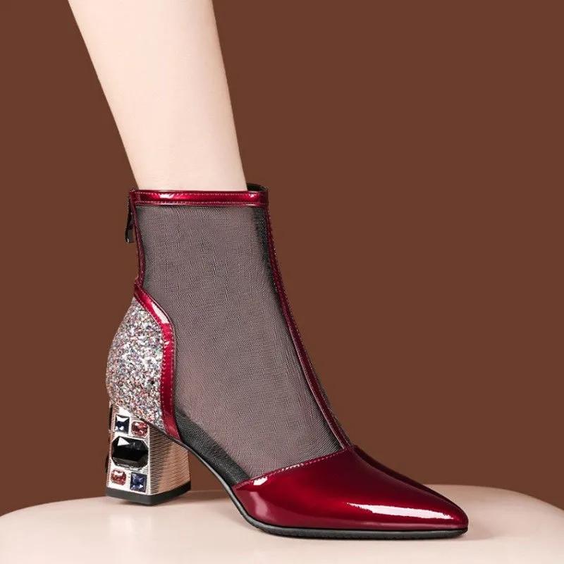 

Новые сетчатые сандалии для женщин на высоком каблуке, толстом каблуке, сапоги из сетчатой ​​ткани со стразами для женщин, дышащие и универсальные модные босоножки. 40 красный