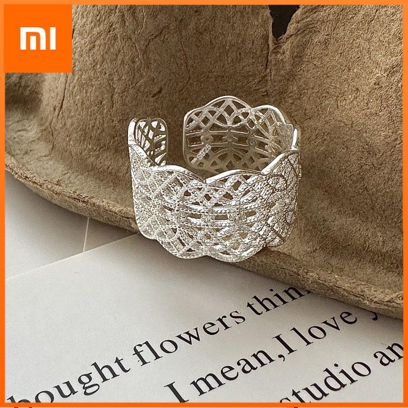 Xiaomi 925 Sterling Silver Rings For Women Geometric Fine Jewelry Finger Adjustable Wide Hollow Lace Ring For Party Birthday Gift