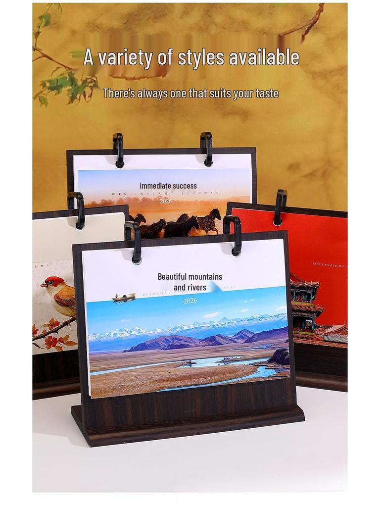 2026 Creative Wooden Desk Calendar Set: Chinese Style Monthly Calendar with Stand and Gift Box