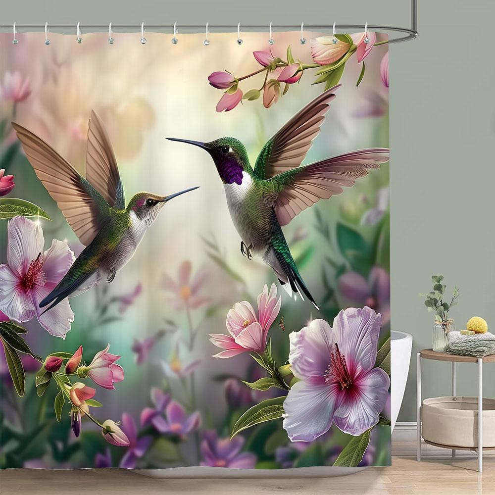 Bird Flower Shower Curtain Dahlia Eucalyptus Leaves Greenery Colourful Printed Polyester Waterproof Bath Curtains Bathroom Decor