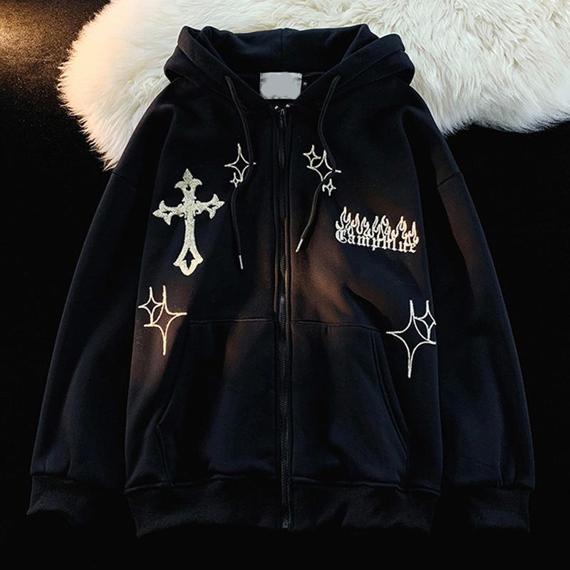 

Женский худи-кардиган оверсайз с принтом Y2K - Ретро-стиль для осени/зимы M чёрный