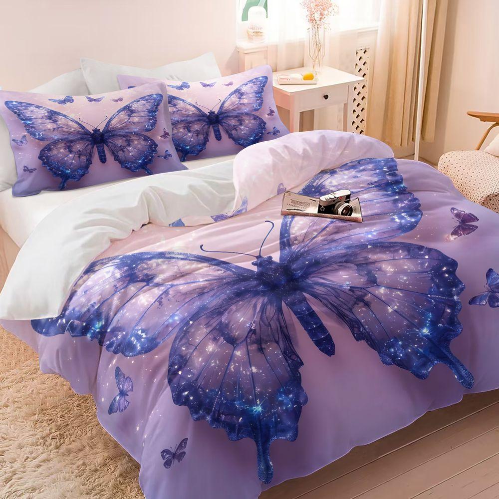 Blue Butterfly Print Duvet Cover Set(1 Duvet Cover & 1/2 Pillowcase) Aesthetic Galaxy Bedding Set For Bedroom Decor