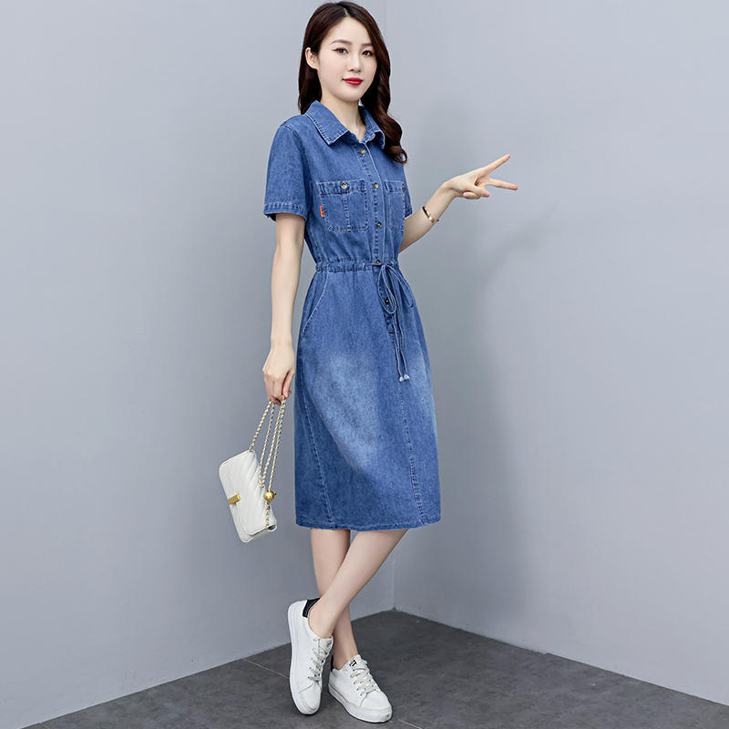 Summer Korean Denim Dress Short Sleeve Slim Waist Casual Lightweight Mid Length Fashion