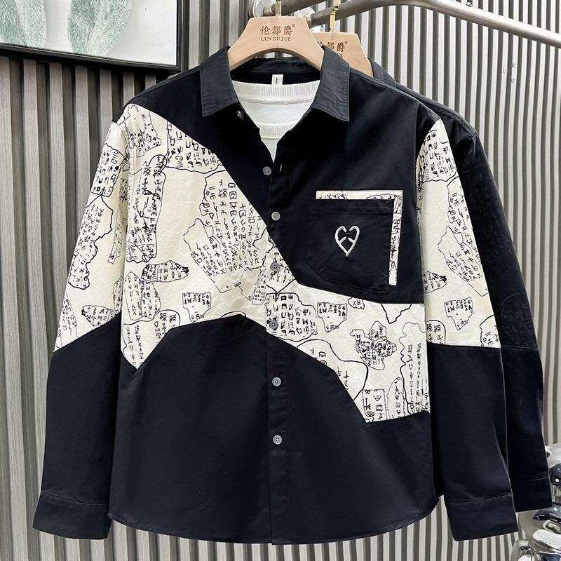 Men's Graffiti Print Patch Pocket Long Sleeve Button Down Shirt Casual Streetwear Top