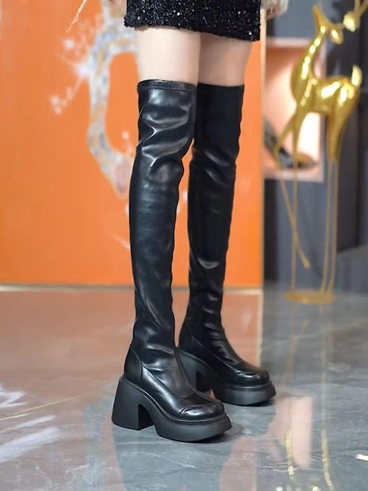 

Модные женские ботфорты на толстом каблуке, на высоком каблуке, высокого качества, трендовые белые длинные ботинки, женские ботинки с увеличением роста, эластичные ботинки, лодочки Mujer 40 чёрный