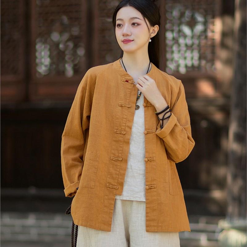 Johnature Women Vintage Shirts Stand Long Sleeve Tops Spring Chinese Style Solid Color Button Pockets Shirts
