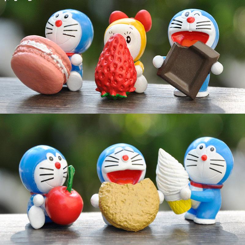 

6pcs Doraemon Ice Cream Strawberry Donuts Kawaii Q Version Miniature Car Cake Decoration PVC Action Figures GK Model Hobby Toys