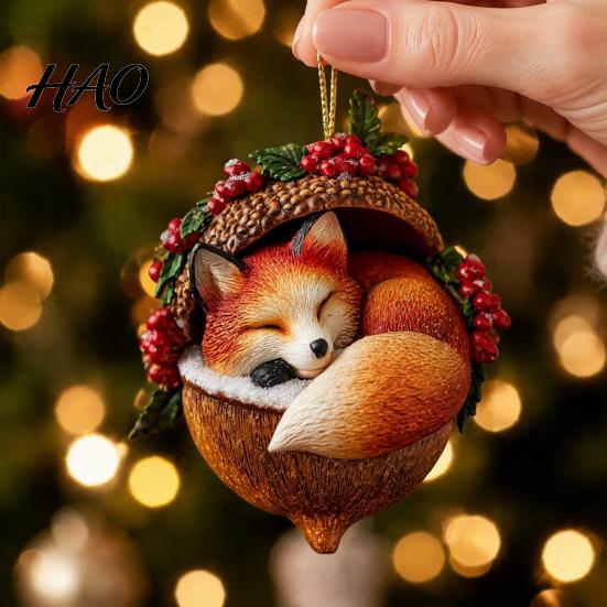 Elegant Holiday Decor Forest Animal Acorn Hanging Ornament, 2D Acrylic Flat Printed Tree Seasonal Ornaments for Christmas, Woodland Creature Pendant,