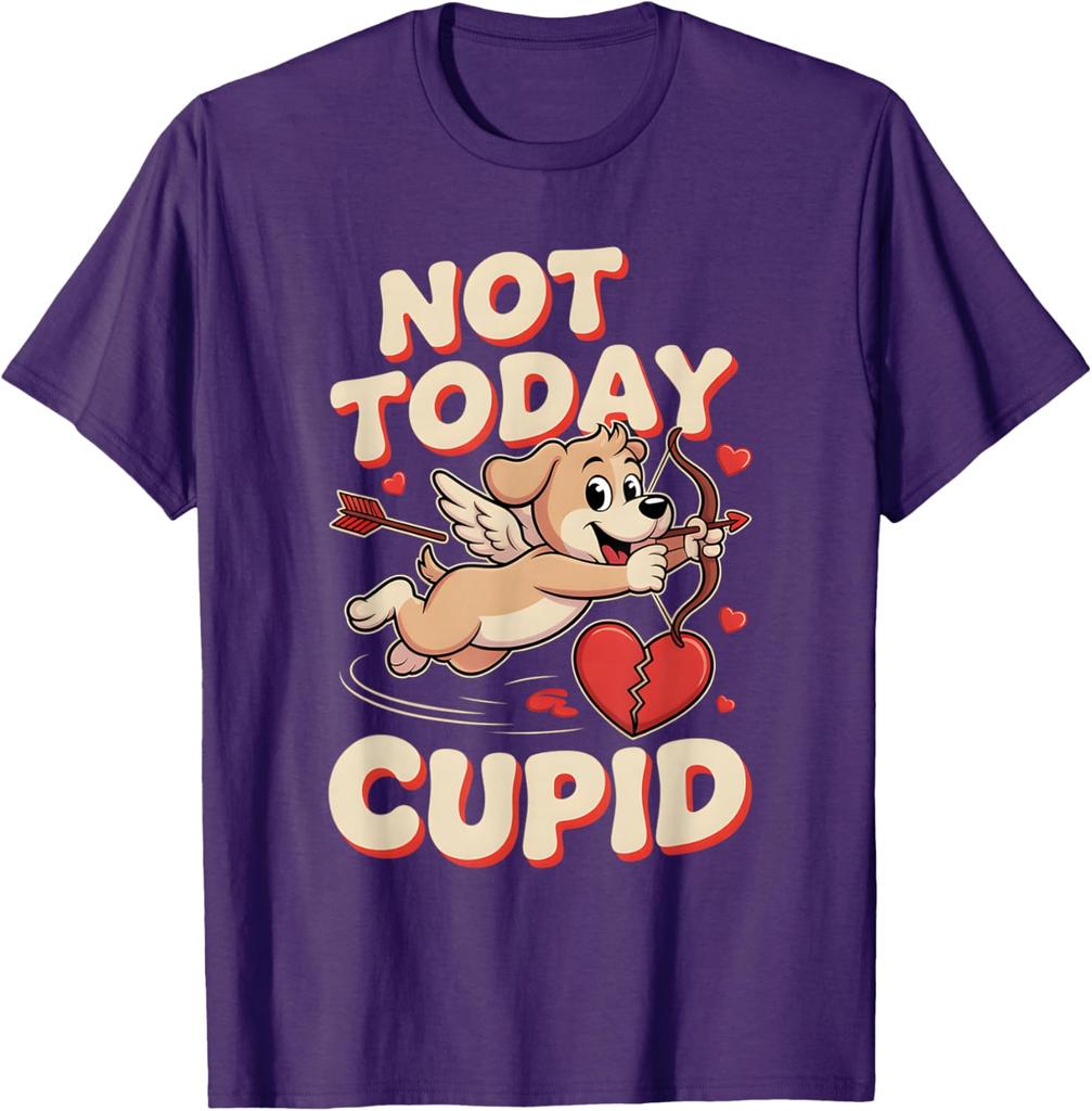 Not Today Cupid Funny Puppy Cartoon Graphic Tee Anti Valentine Casual Short Sleeve T-Shirt