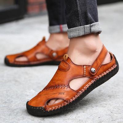 Sandalias de playa de cuero de gran tamaño para hombre: zapatos de verano de moda con detalles de costura, perfectos para uso informal en la playa o en la ciudad.