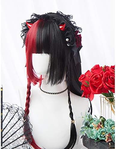 Harajuku-style Gal-kei Women's Wig, Full Wig, Long, Straight, Red and Black, Double-Colored, Lolita Wig (Red and Black)