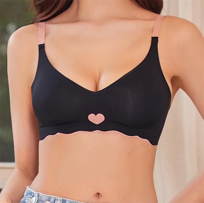 Sexy Push-Up-BHs für Damen Liebesherz-Muster BH Tiefer V-Ausschnitt Niedliche Unterwäsche Weiblich Nahtlos Kabellos Weiche Dessous