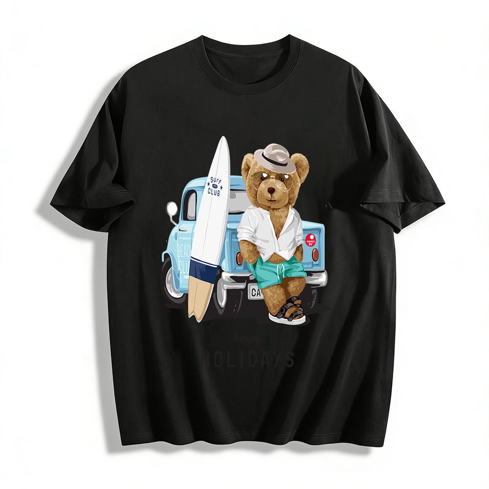 

Happy Holidays Surf Club Bear Print Casual Vacation Short Sleeve Tee Pure cotton T-shirt 6XL