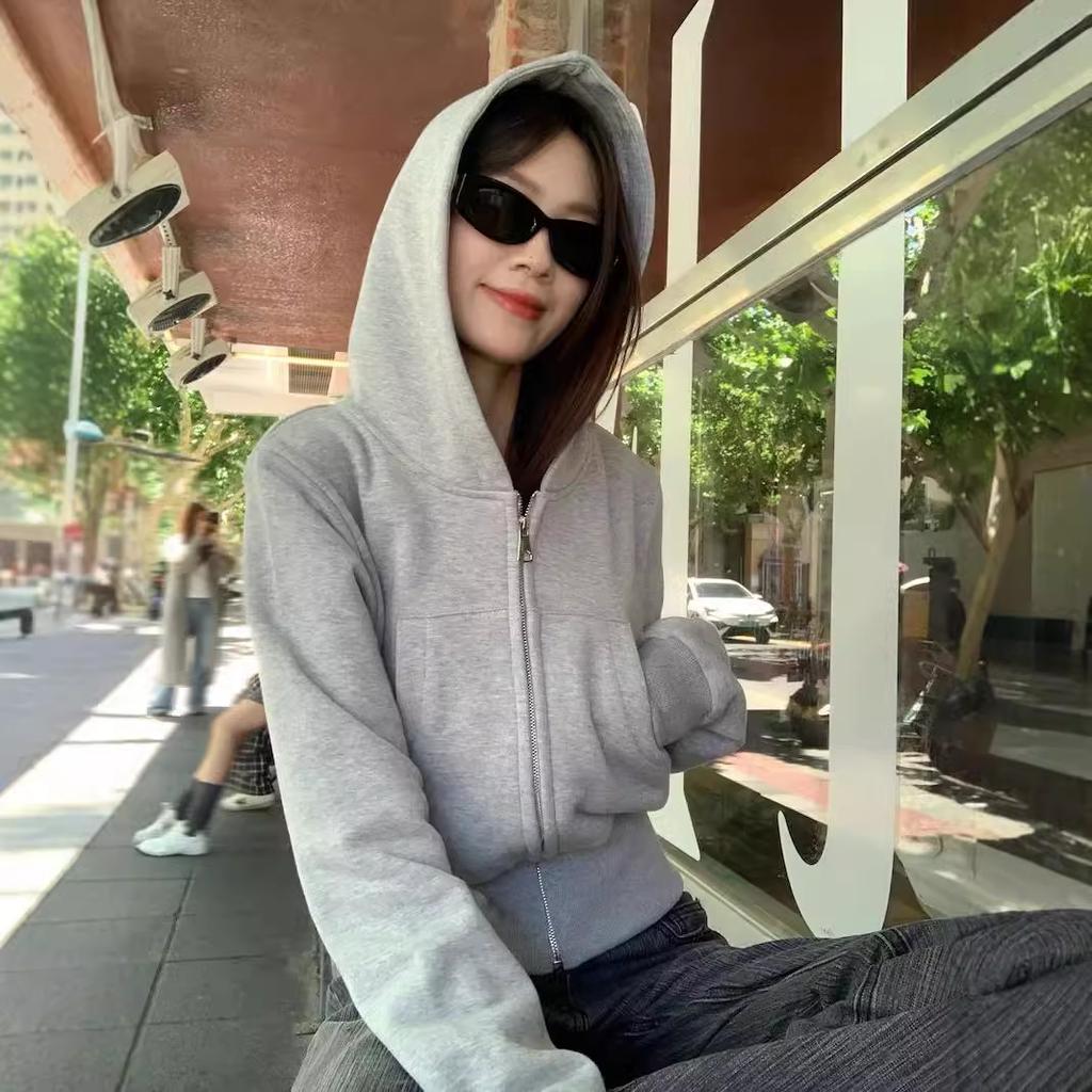 Grey Hooded Zipper Jacket Women's Autumn Korean Version Small Short Cardigan Casual Korean Versatile Sweater