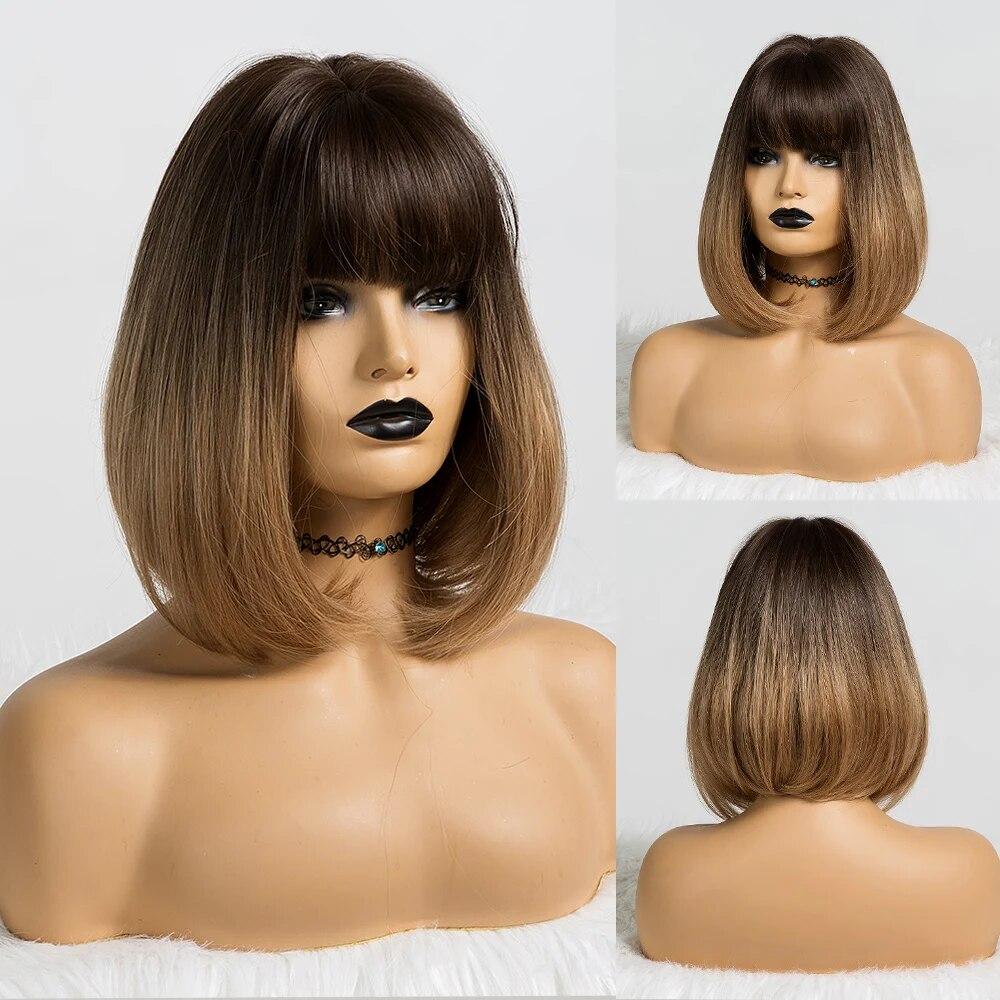 Short Straight Bob Synthetic Wigs with Bangs for Women Brown To Blonde Wig Cosplay Party Daily Heat Resistant Fiber Hair