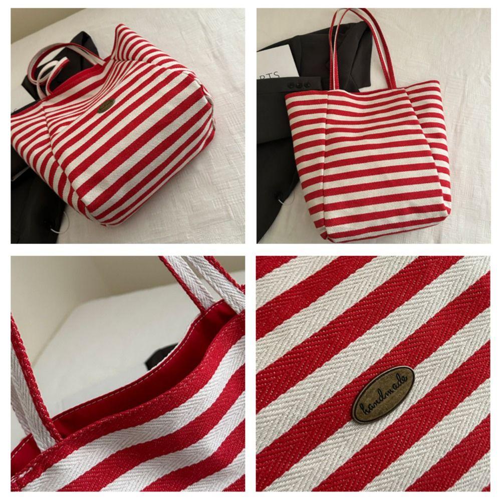 Letter Stripe Canvas Bag Striped Tote Bag Simple Cloth Shoulder Bag  Girls