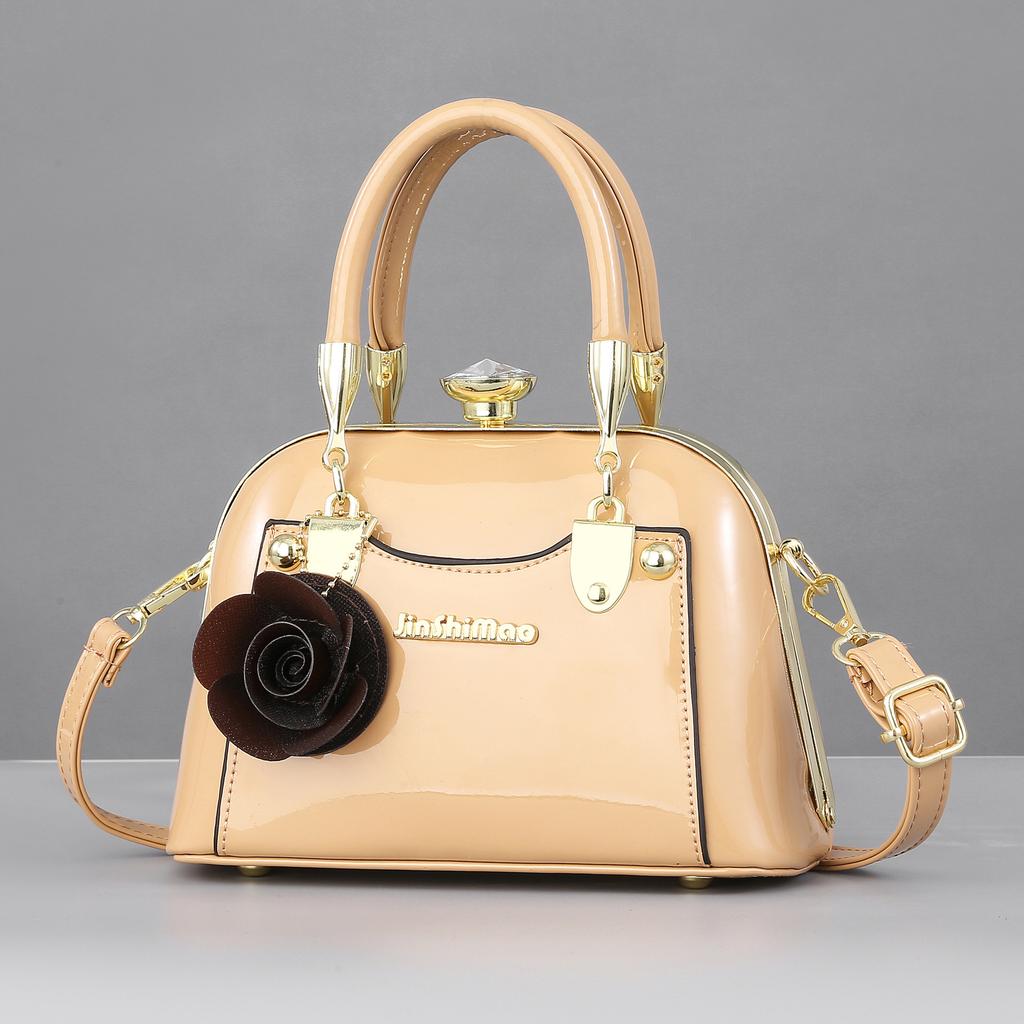 Textured bright leather European and American fashion handbag shoulder bag large capacity messenger bag shell bag dinner bag