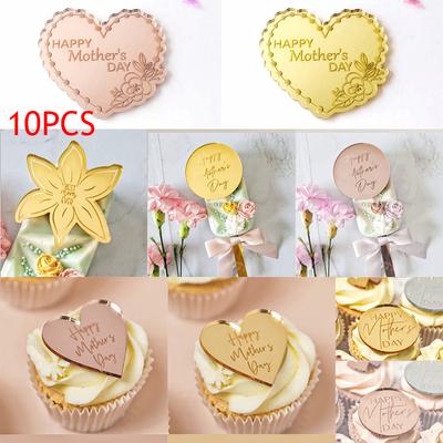 10 Cupcake-Scheiben „Happy Mothers Day“, goldfarbene Herz-Muttertags-Kuchenaufsätze, Geschenkanhänger