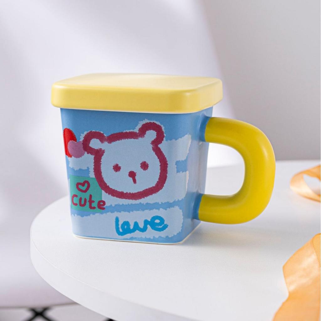 Cream Bear Square Water Cup High Precision Ceramic Cup with Lid Large Capacity Creative Cartoon Mug High End Feeling