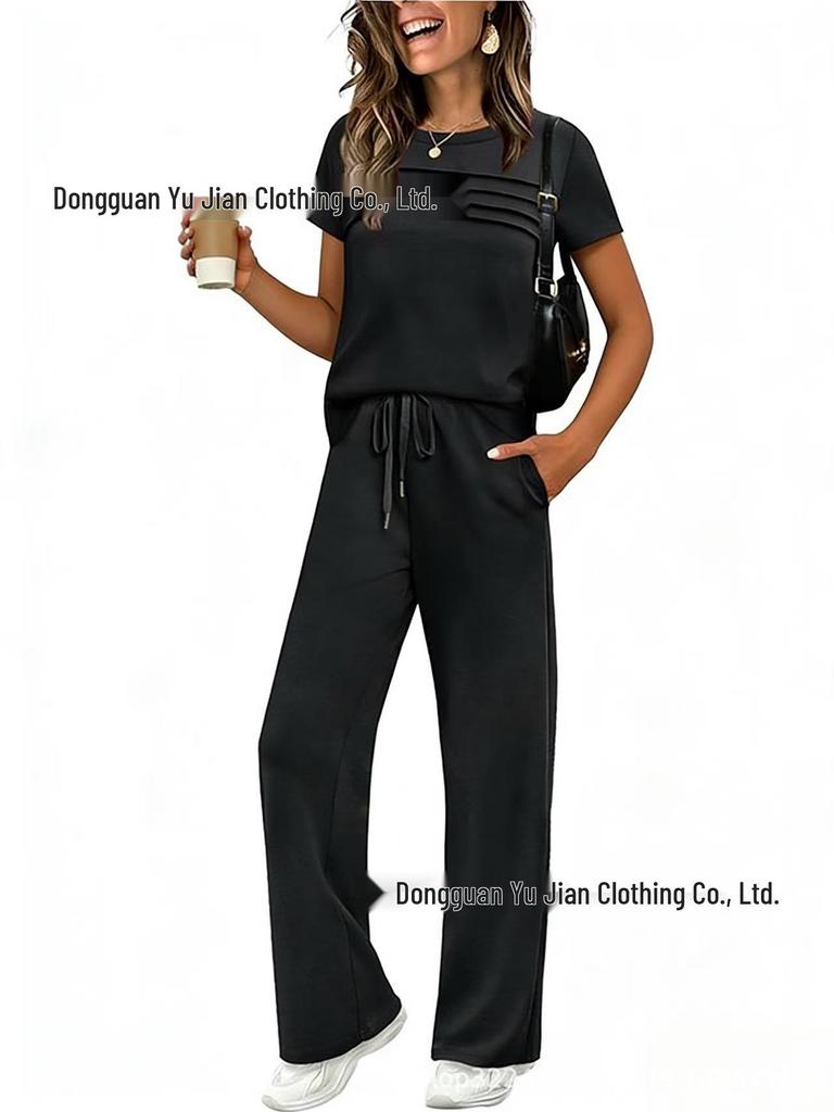 2026 Spring/Summer Women's Set: Short Sleeve Top & Elastic Waist Wide Leg Pants