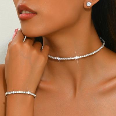 Full Diamond Necklace Bracelet Stud Earrings Versatile Bridal Wedding Jewelry Set