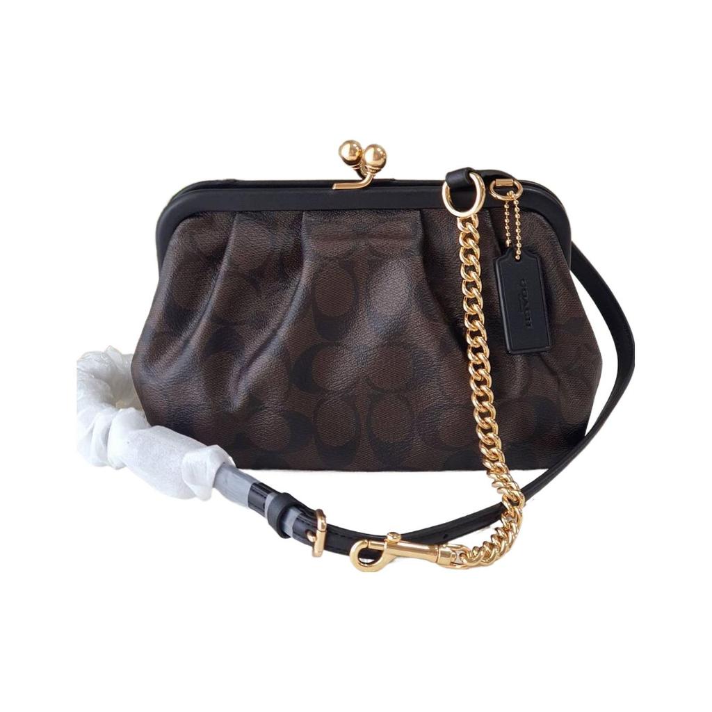 New COACH Kisslock Canvas With Leather Cloud Bag, Chain Bag, Shoulder Bag, Crossbody Bag Women's Dark Brown Monogram C2876-IMAA8