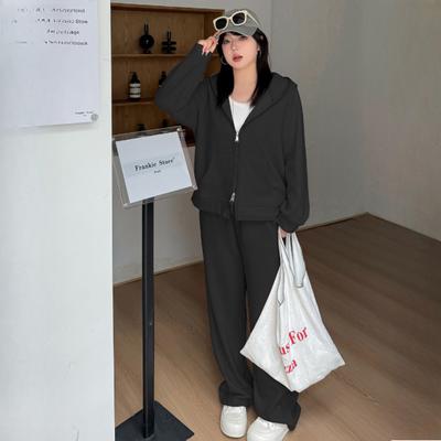 Traje deportivo casual de dos piezas para mujer talla grande para primavera - Sudadera con capucha y pantalones de pierna ancha