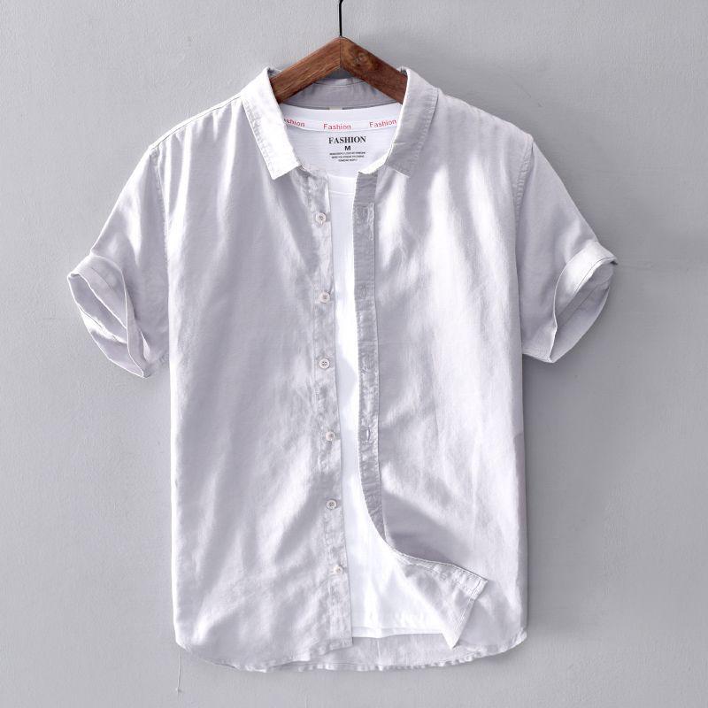 Men's Short Sleeve Loose Fit White Linen Shirt - Casual Summer Cotton Jacket