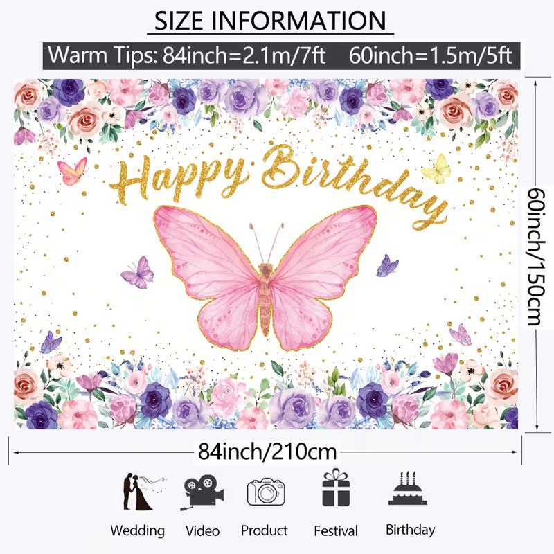 2D Floral Birthday Backdrop, Purple Pink Rose & Butterfly Party Decor Banner