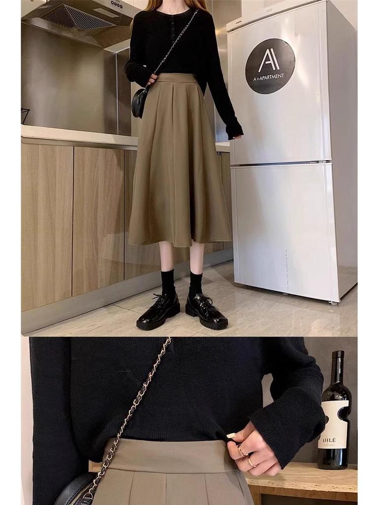 Women's Black High-Waist A-Line Umbrella Skirt - Spring/Autumn 2024, Small Size, Medium Length