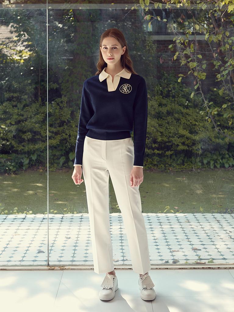 LORDLOAR Signature Color Block Collar Long Sleeve Knit Navy